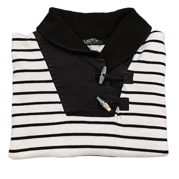 {Ralph Lauren} Quarter Toggle Closure Cowl Neck Striped Lightweight Sweater - Picture 2 of 6